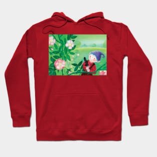 Purple Hat Gnome behind a wild rose bush Hoodie